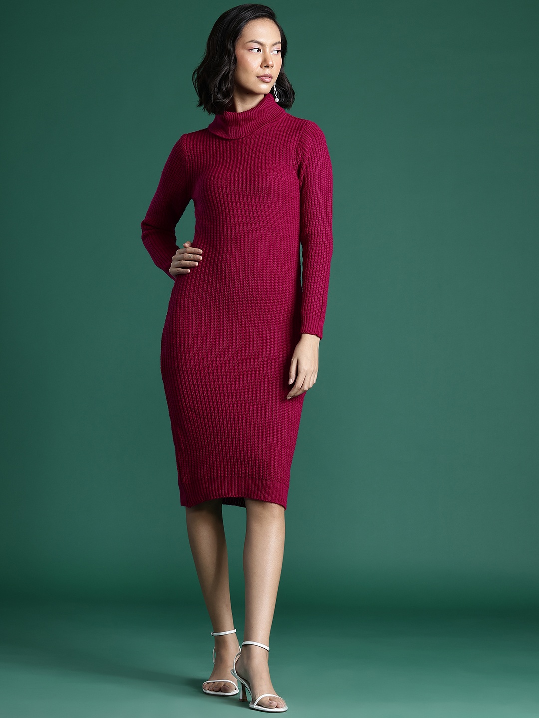 

DressBerry Turtle Neck Knit Sweater Dress, Magenta