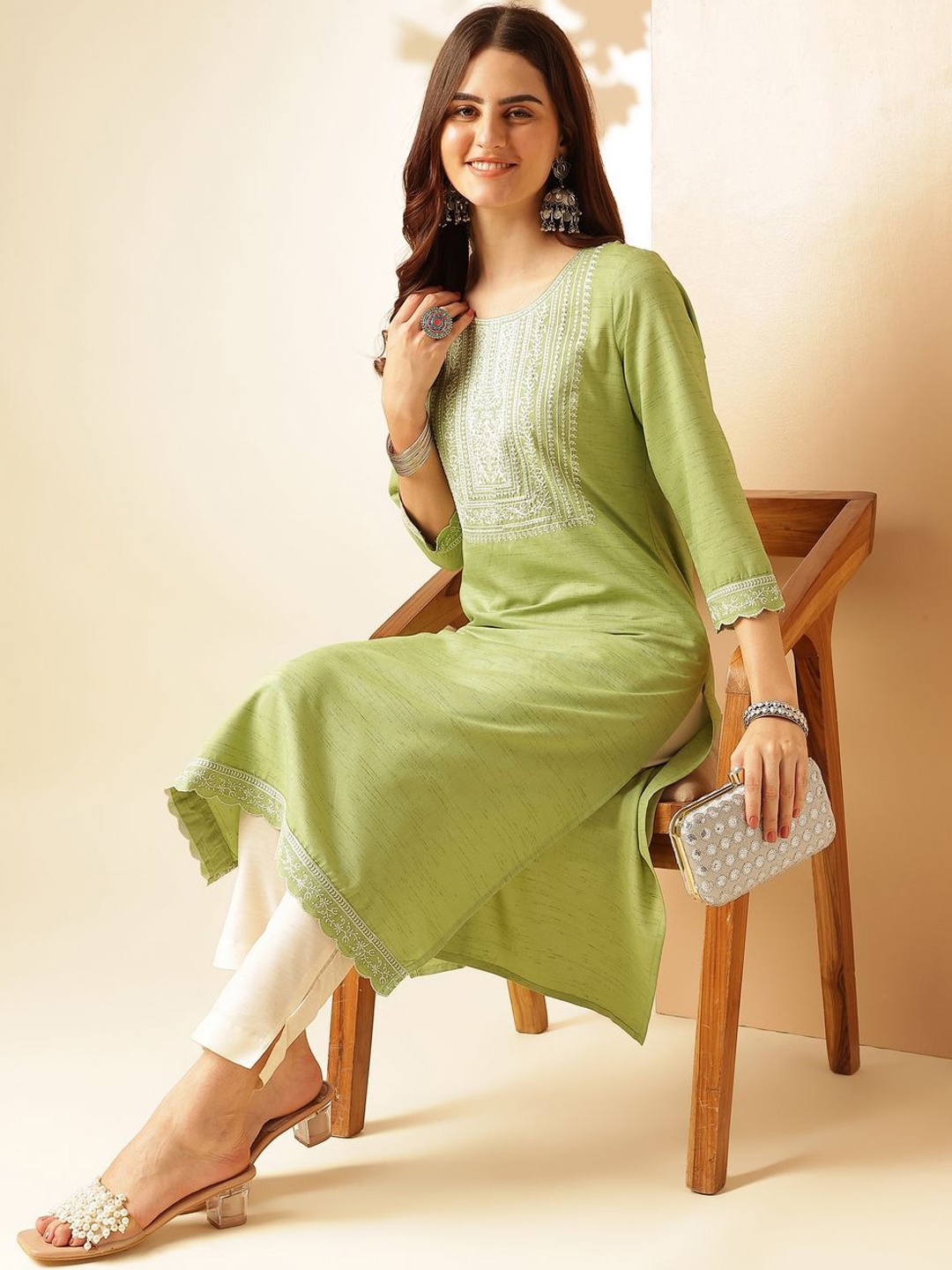 

Anouk Geometric Woven Design Thread Work Dobby Straight Kurta, Green