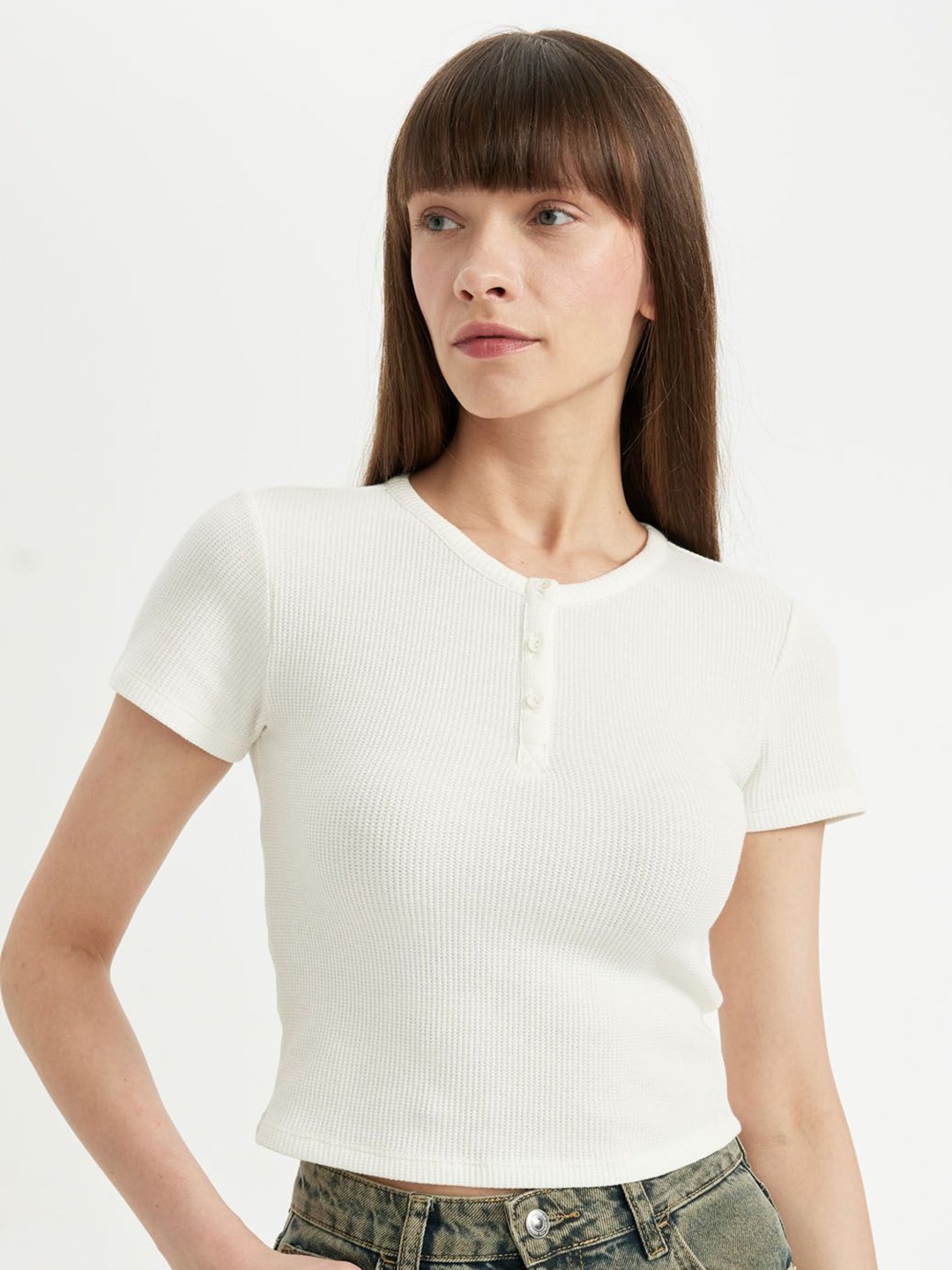 

DeFacto Women Henley Neck Pockets T-shirt, Na