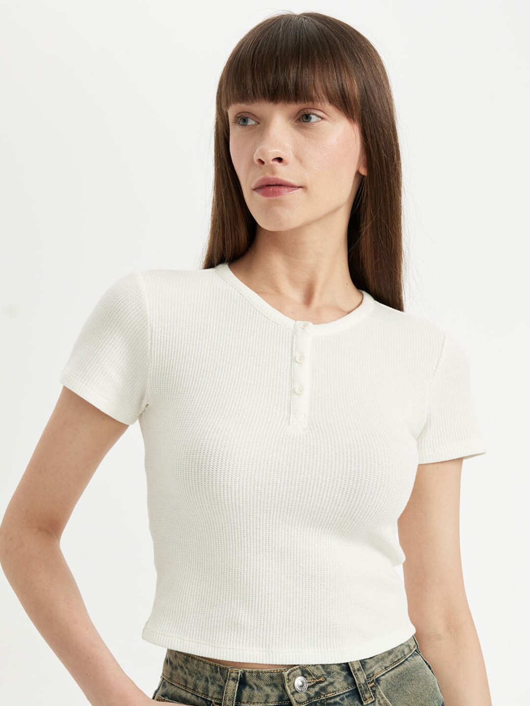 

DeFacto Women White Round neck Pockets T-shirt