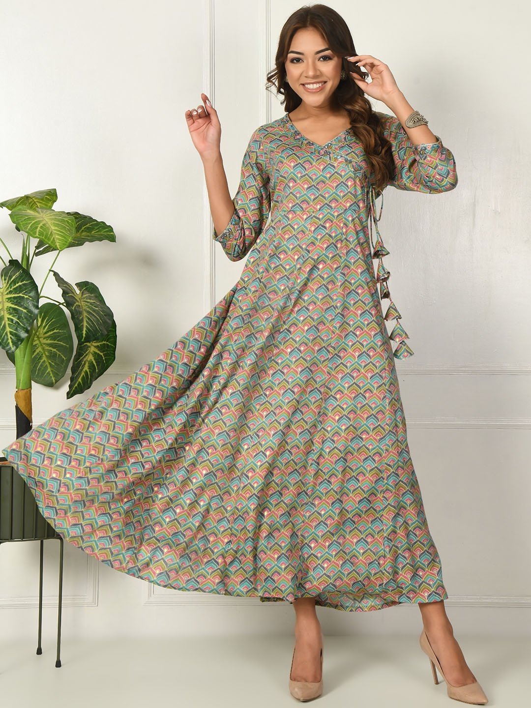 KALINI Geometric Printed Angrakha Style Thread Work Anarkali Kurta, Turquoise blue