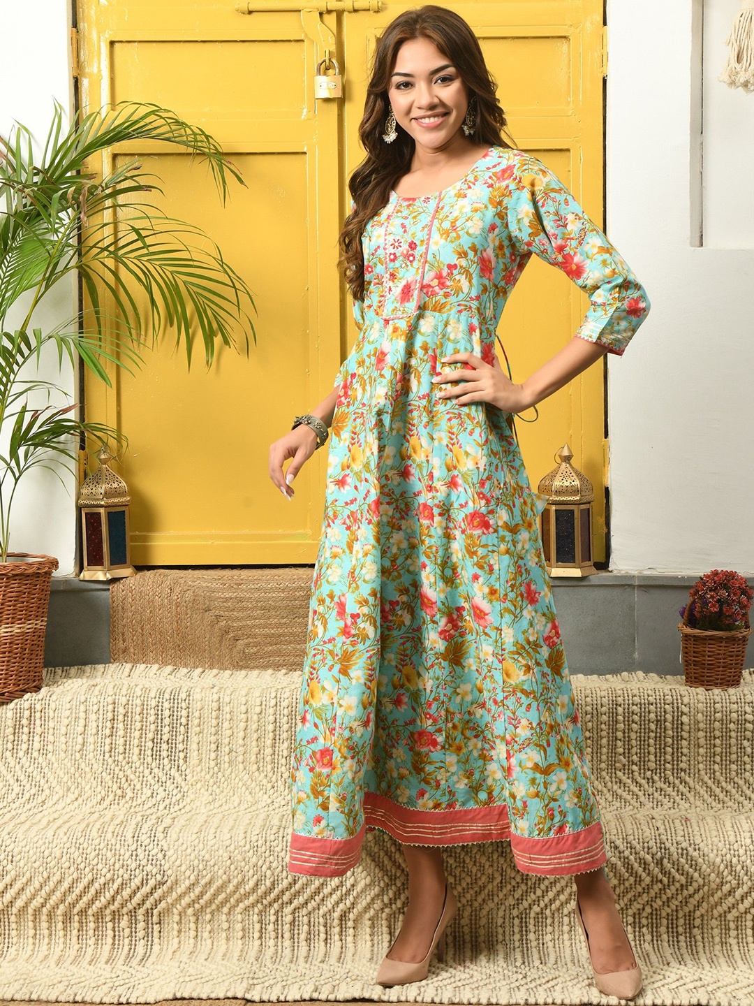 KALINI Floral Printed Anarkali Kurta, Turquoise blue