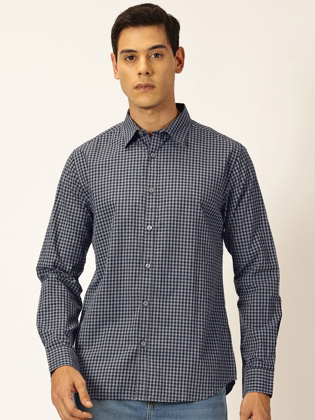 

Harvard Spread Collar Long Sleeves Premium Slim Fit Cotton Checked Casual Shirt, Navy blue