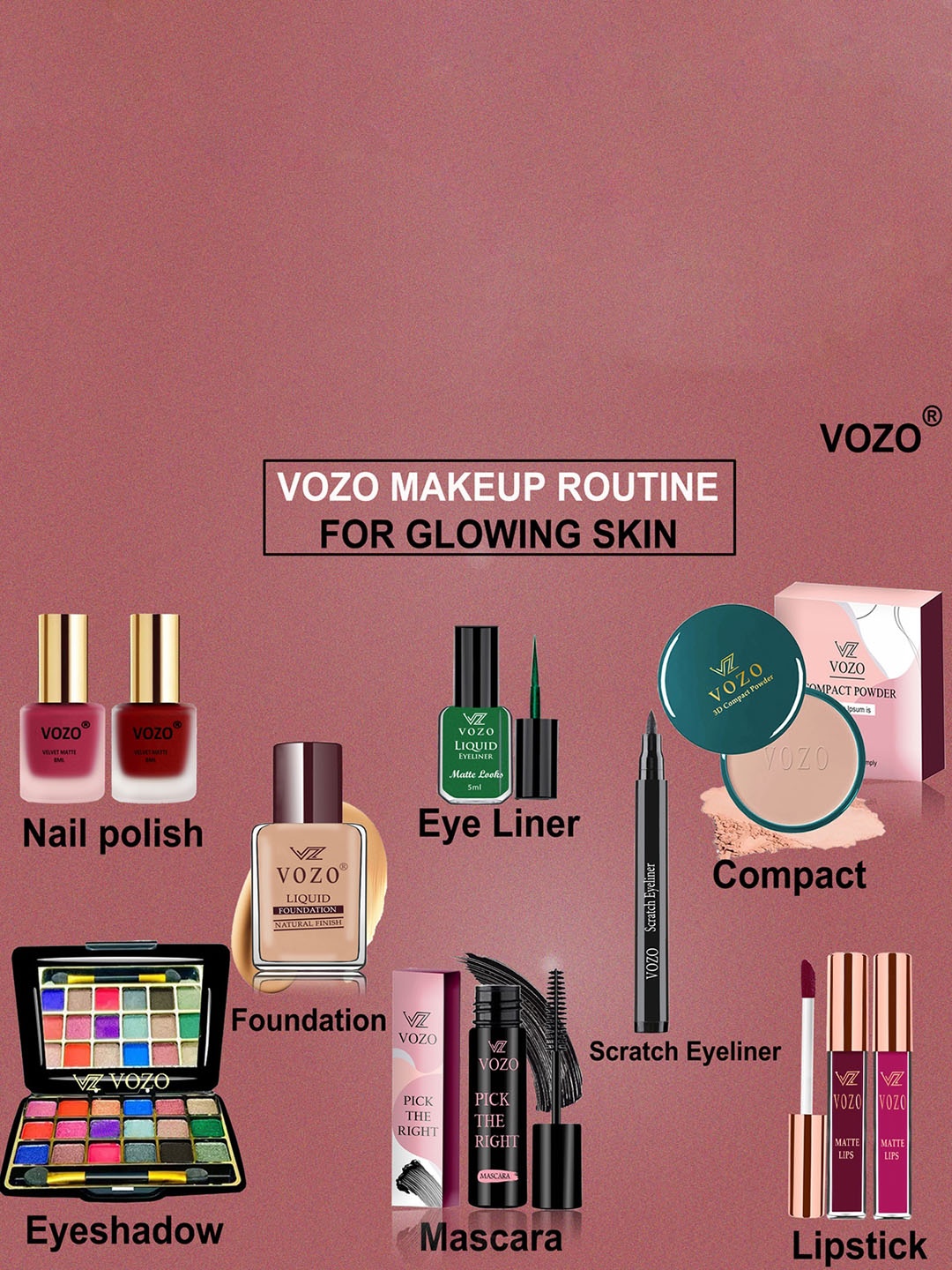 

VOZO Set Of 10 Radiant Beauty Brilliance Makeup Combo, Multi