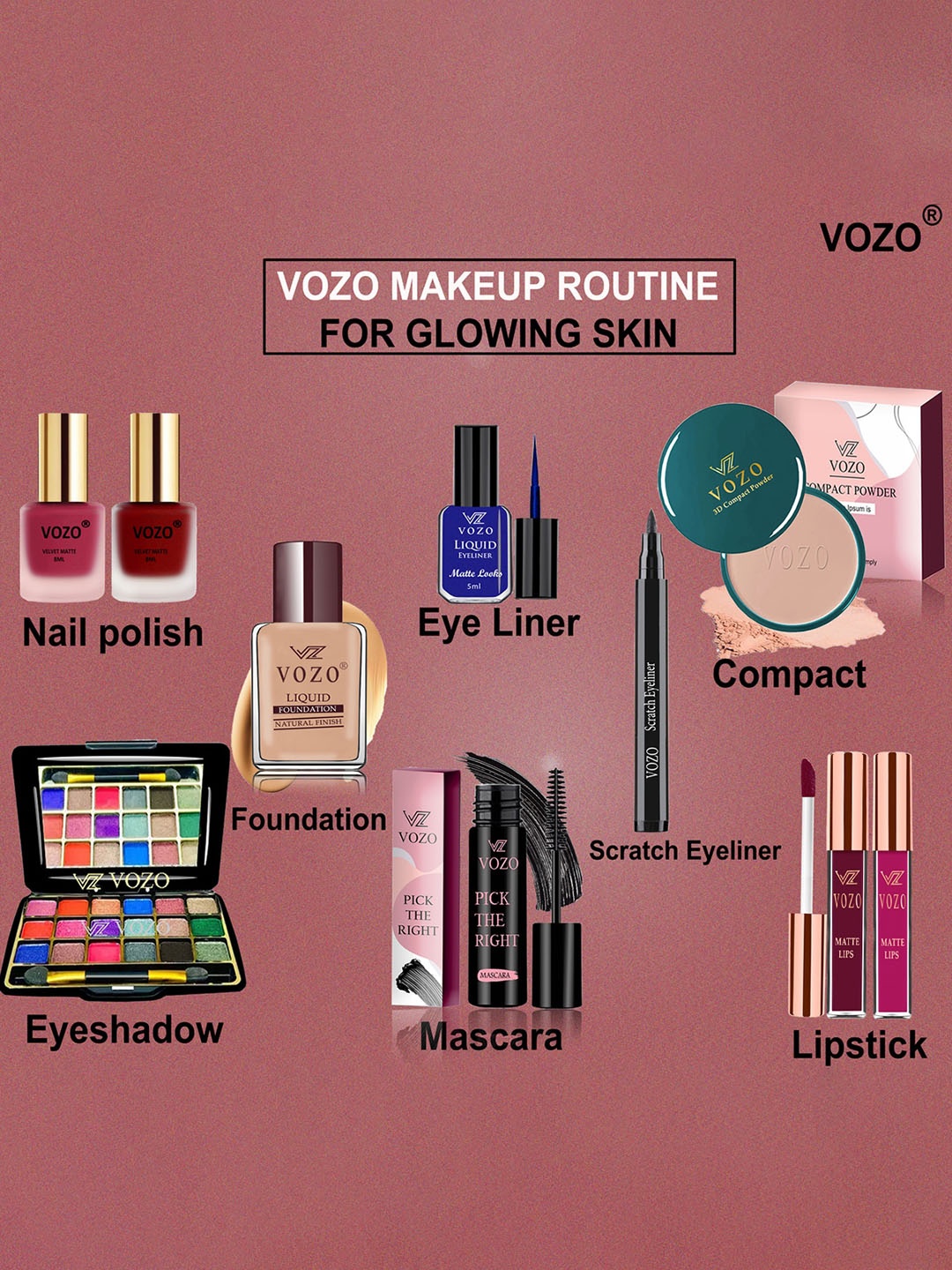

VOZO Radiant Beauty Brilliance Set Of 10 Makeup Kit, Black
