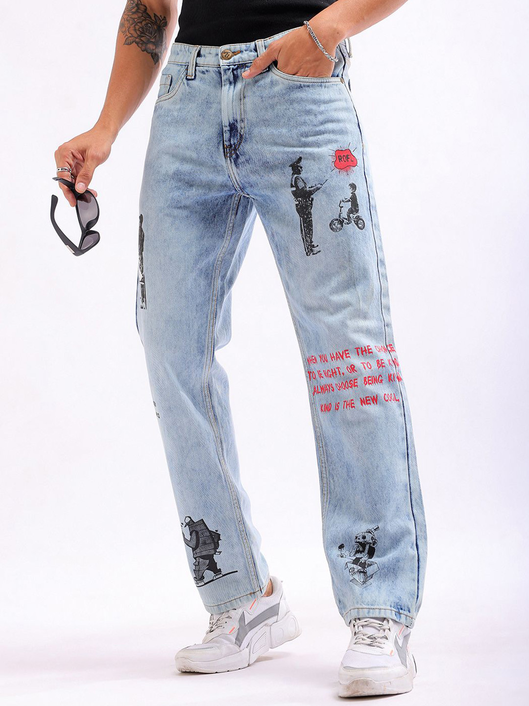 

The Indian Garage Co Men Straight Fit Printed Clean Look Heavy Fade Pure Cotton Jeans, Blue