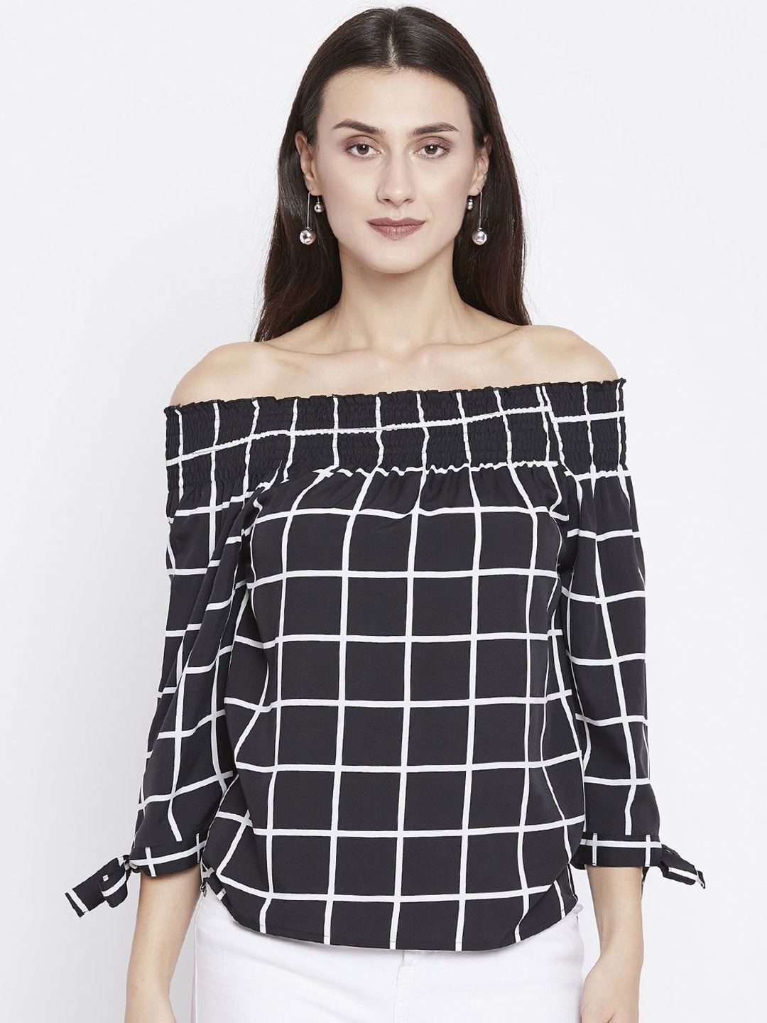 

Zastraa Checked Off-Shoulder Bardot Top, Black