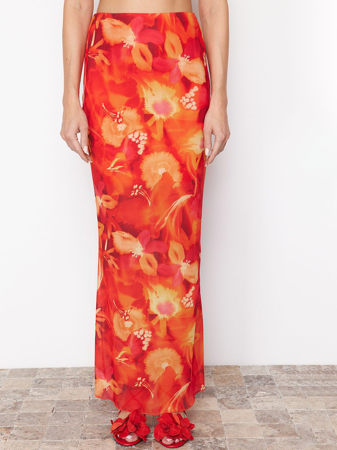 

Trendyol Abstract Printed Straight Maxi Skirt, Red