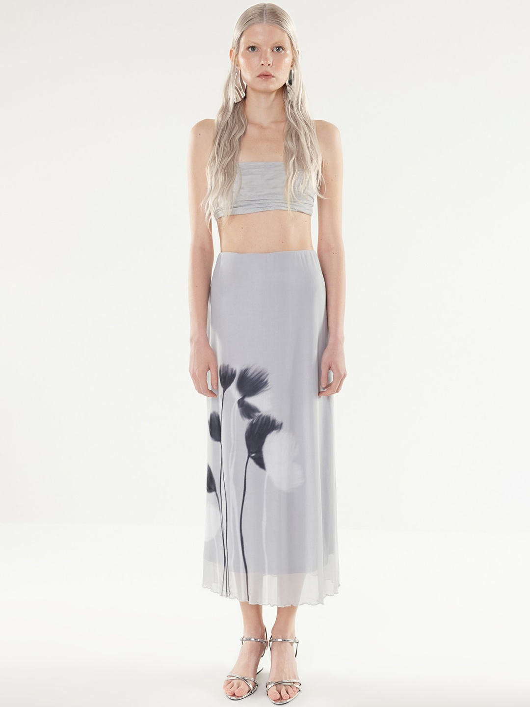 

Trendyol Floral Printed Flared Midi Skirt, Grey