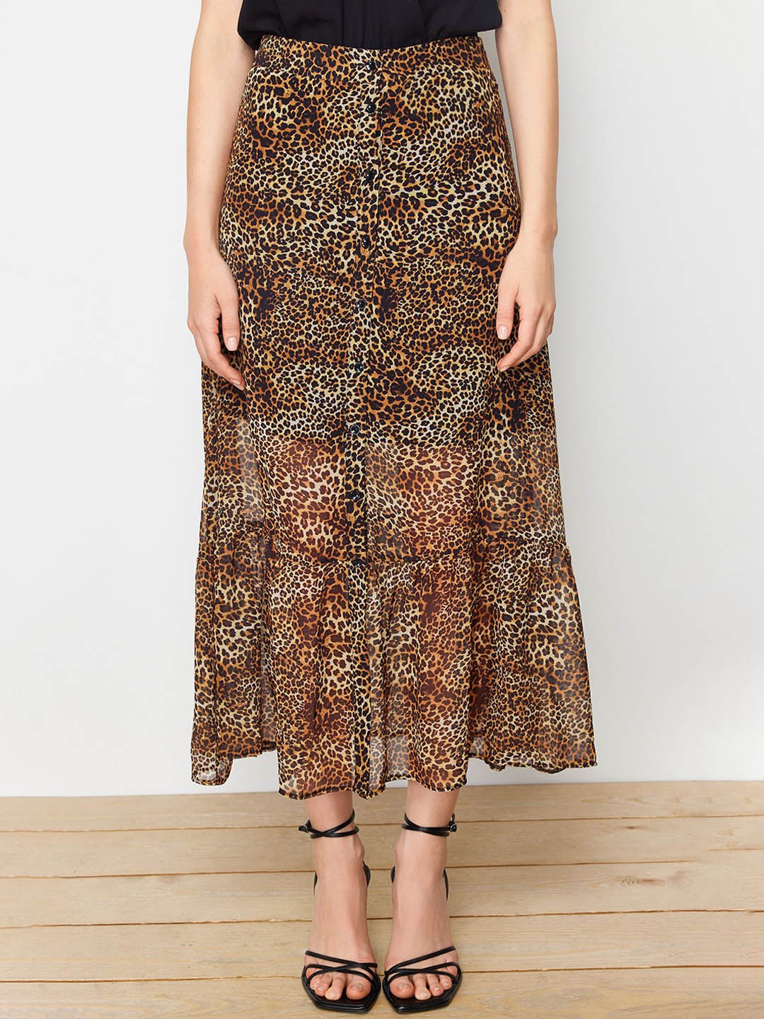 

Trendyol Animal Printed Semi Sheer Flared Maxi Skirt, Brown