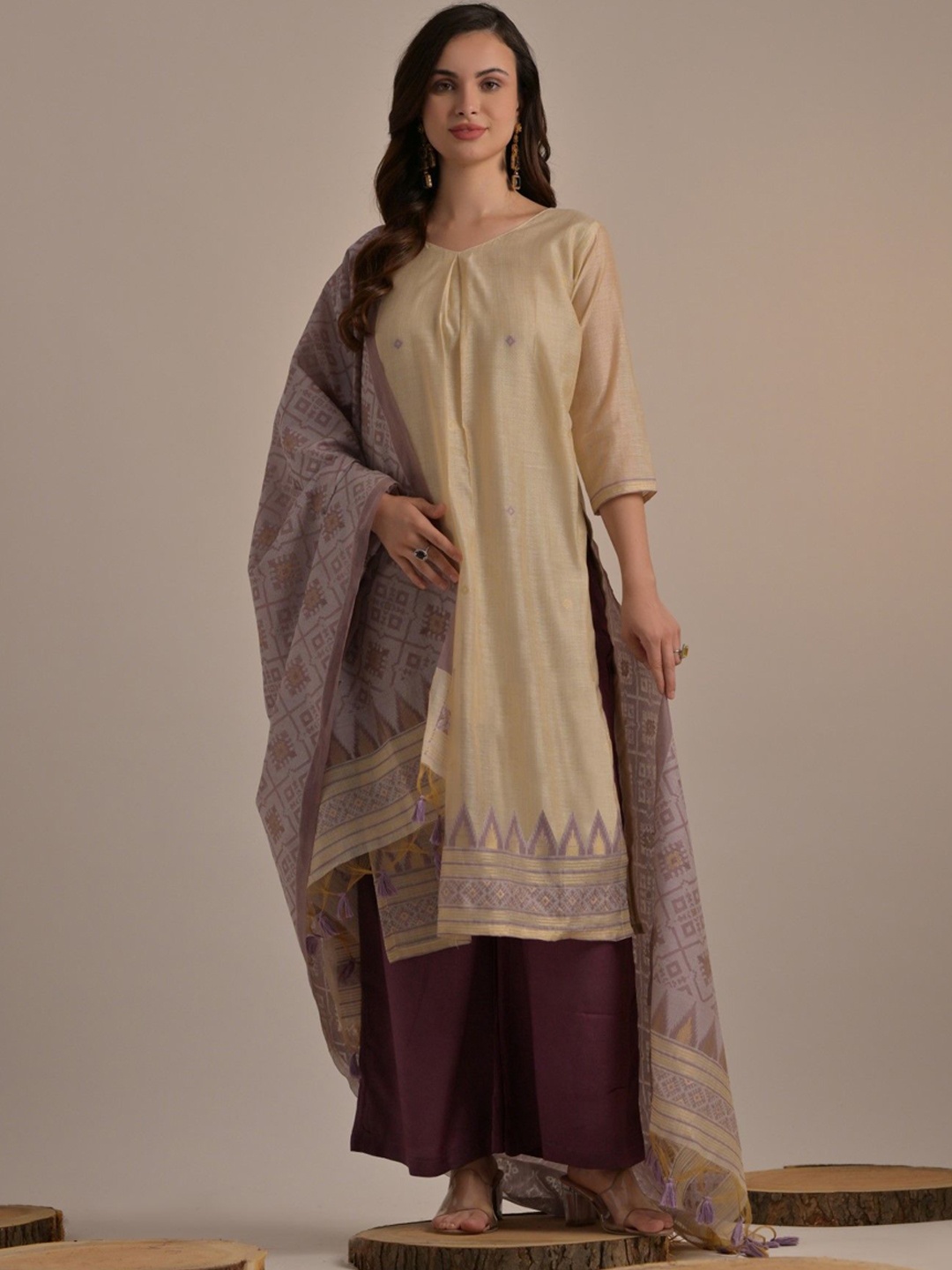 

ZARIMO Woven Design Pure Cotton Straight Kurta with Palazzos & Dupatta, Cream