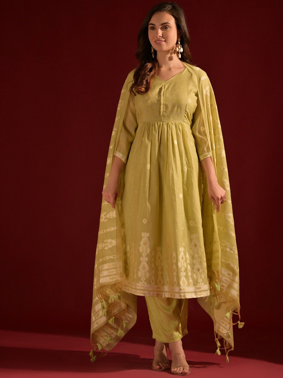 

ZARIMO Ethnic Motifs Woven Design Pure Cotton Anarkali Kurta With Palazzos & Dupatta, Lime green