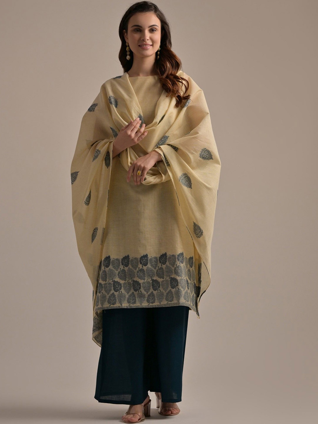 

ZARIMO Floral Printed Round Neck Linen Straight Kurta with Palazzos & Dupatta, Cream