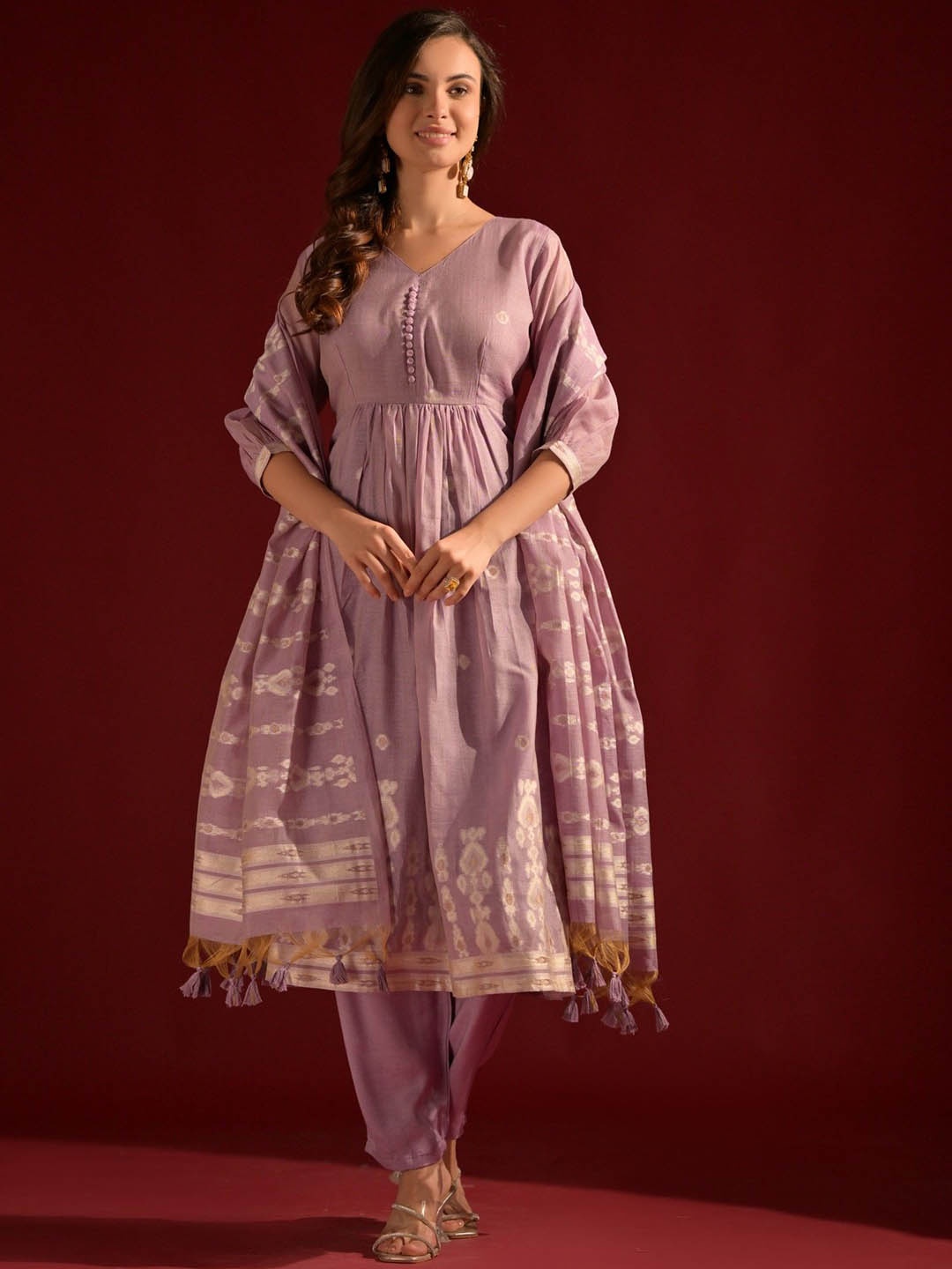 

ZARIMO Floral Printed Pleated A-Line Zari Work Pure Cotton Kurta ,Trousers & Dupatta, Lavender