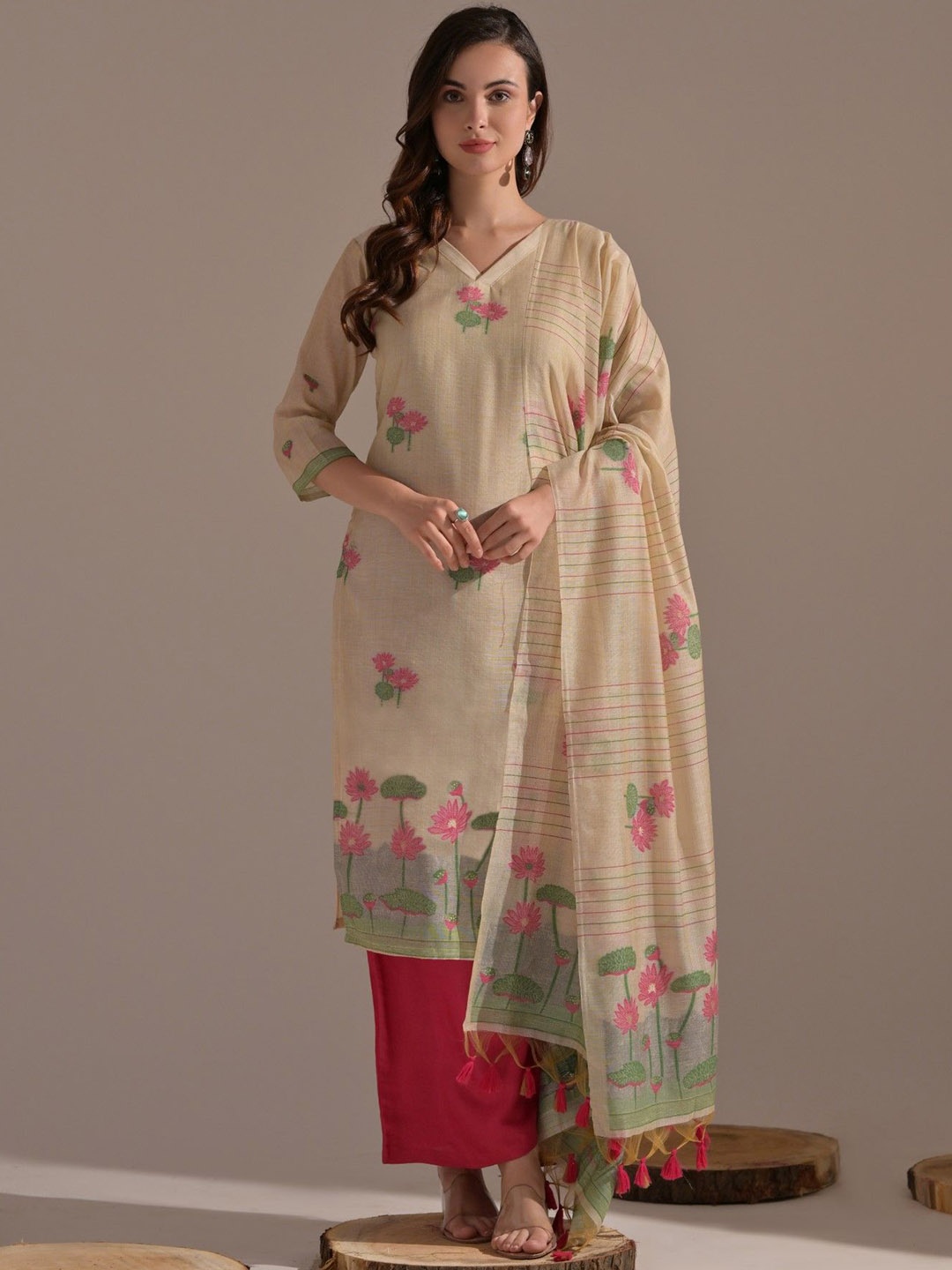 

ZARIMO Floral Regular Pure Cotton Kurta,Palazzos & Dupatta, Cream