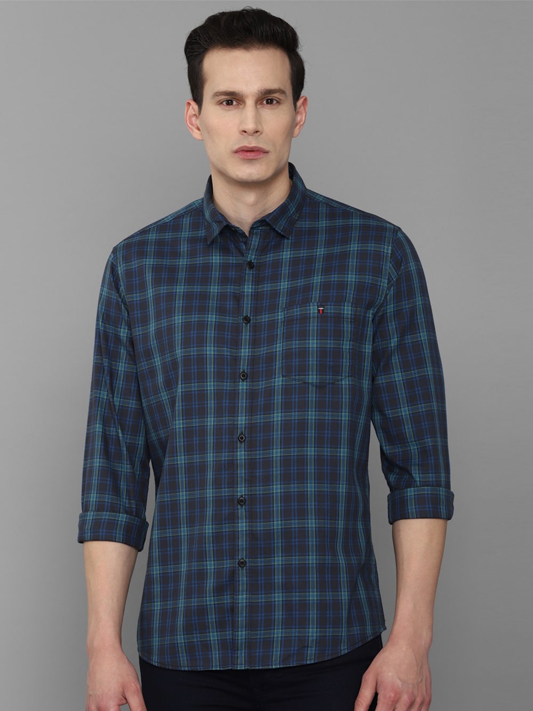 

Louis Philippe Jeans Spread Collar Slim Fit Tartan Checks Pure Cotton Casual Shirt, Blue