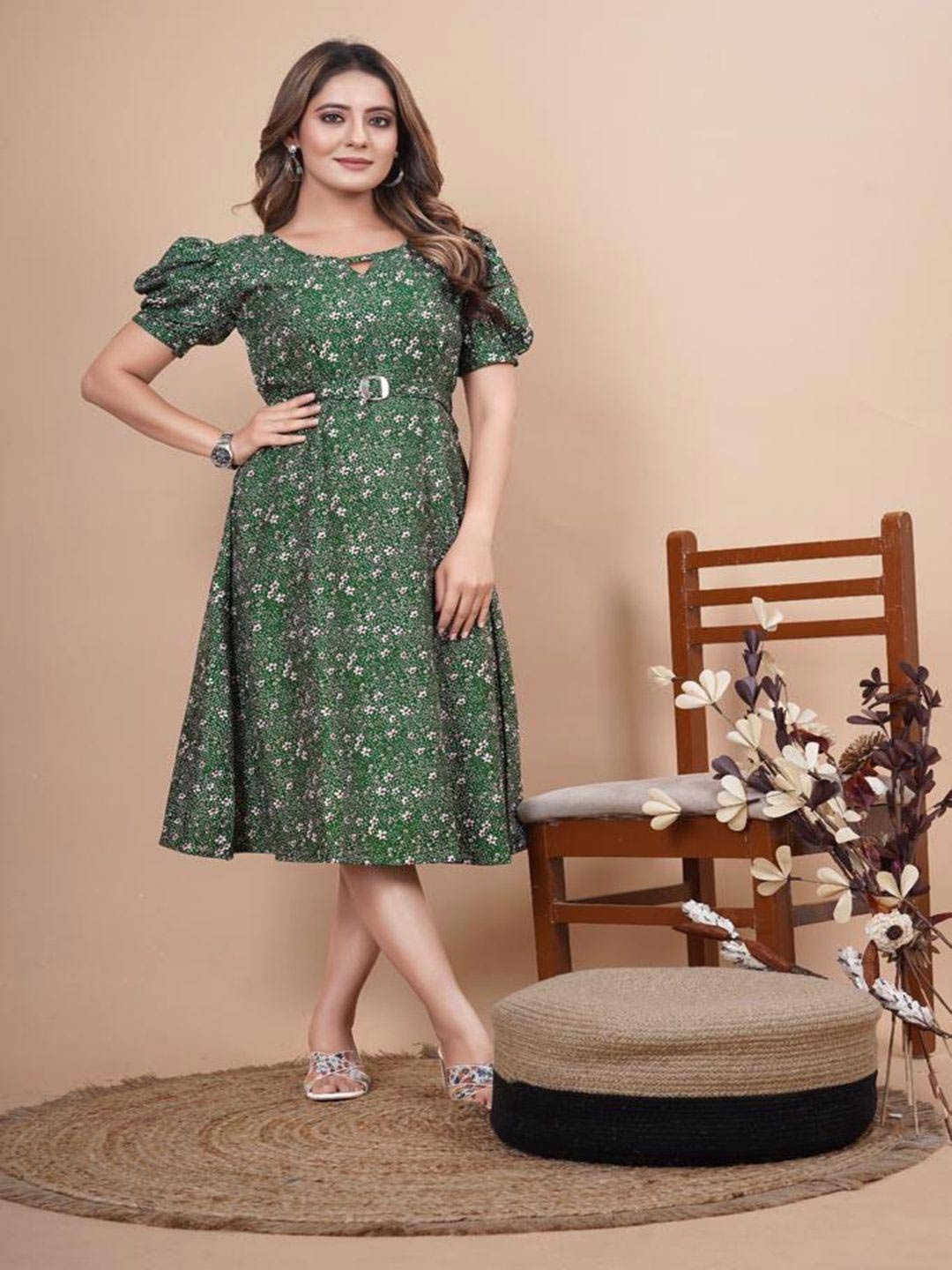 

BAESD Floral Print Puff Sleeves Fit & Flare Dress, Green