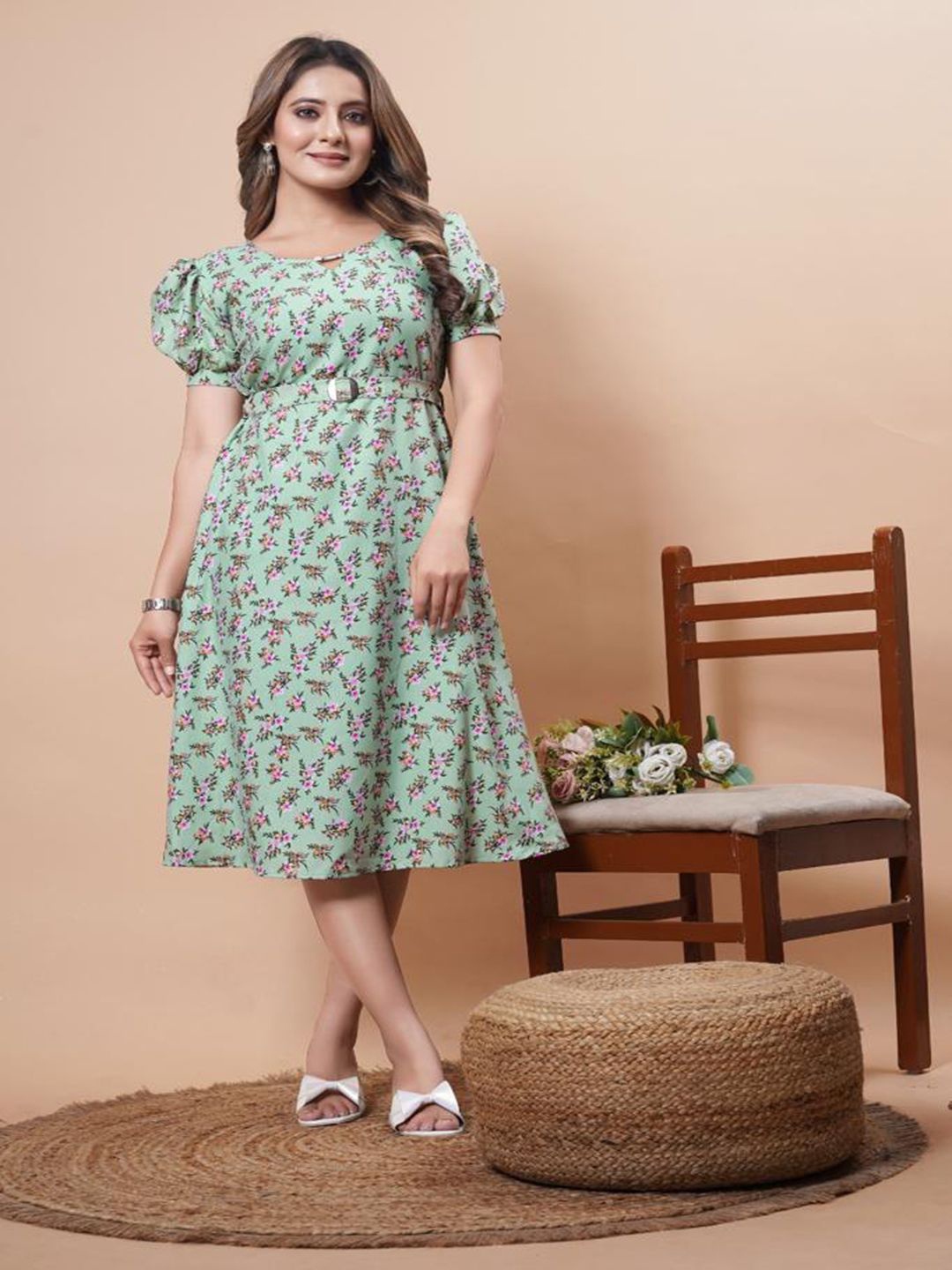 

BAESD Floral Printed Puff Sleeves Fit and Flare Midi Dress With Belt, Green