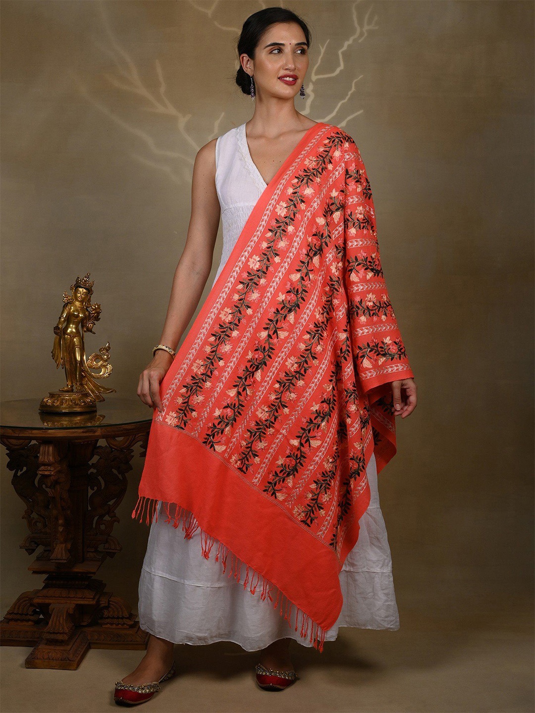 

Exotic India Kashmiri Stole with Sequins Floral Garland and Motif Multicolored Threadwork, Orange