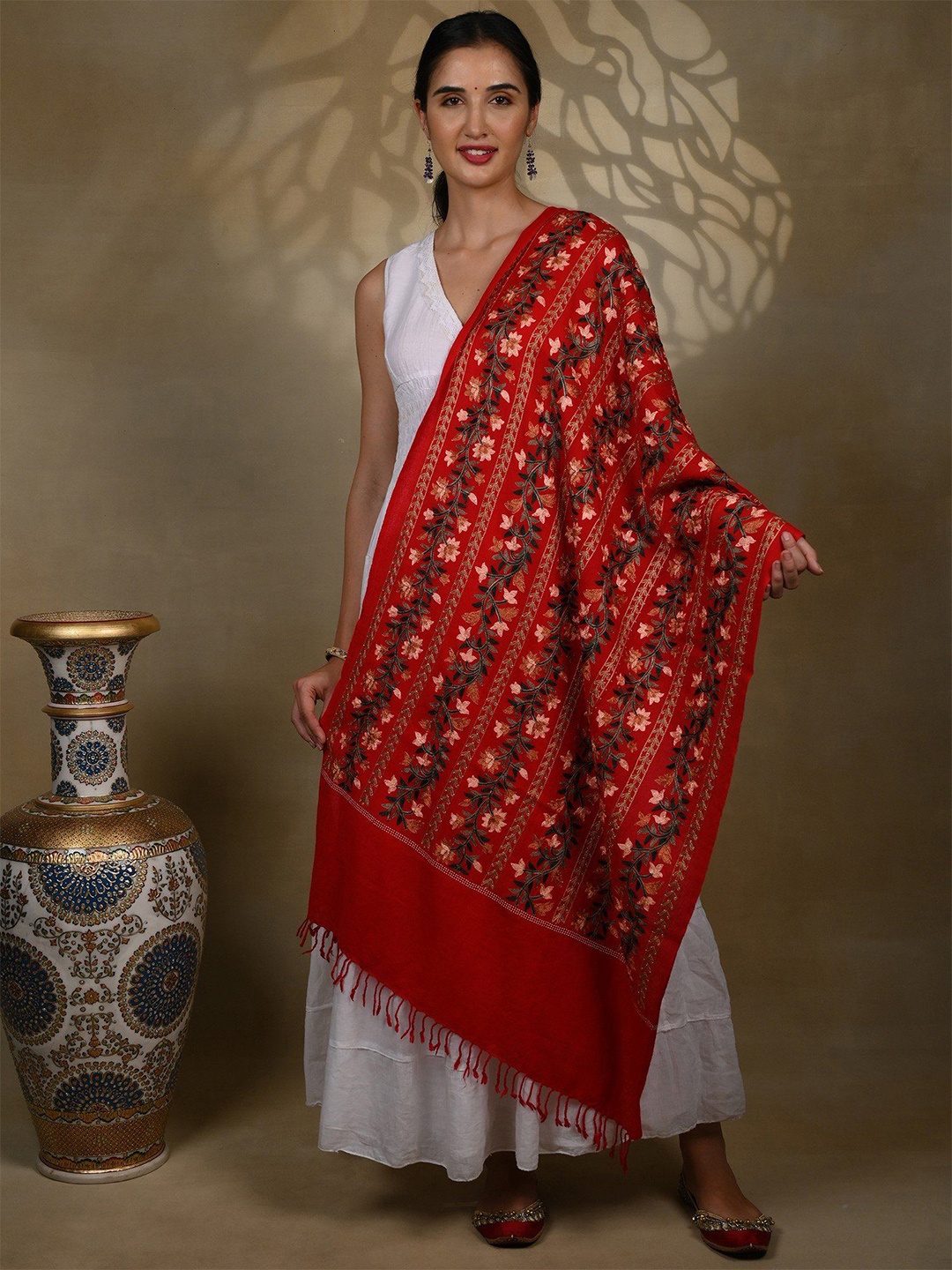 

Exotic India Kashmiri Stole with Sequins Floral Garland and Motif Multicolored Threadwork, Red