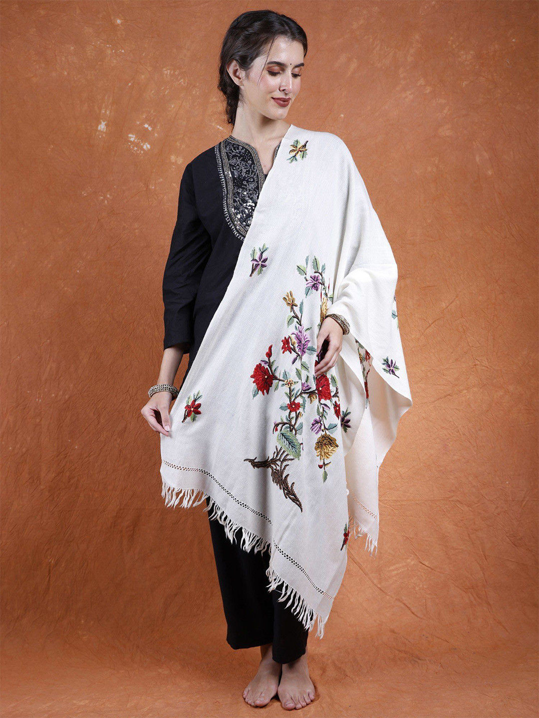 

Exotic India Ivory Pure Wool Hand-Aari Embroidered Tree of Life Kashmiri Stole, White