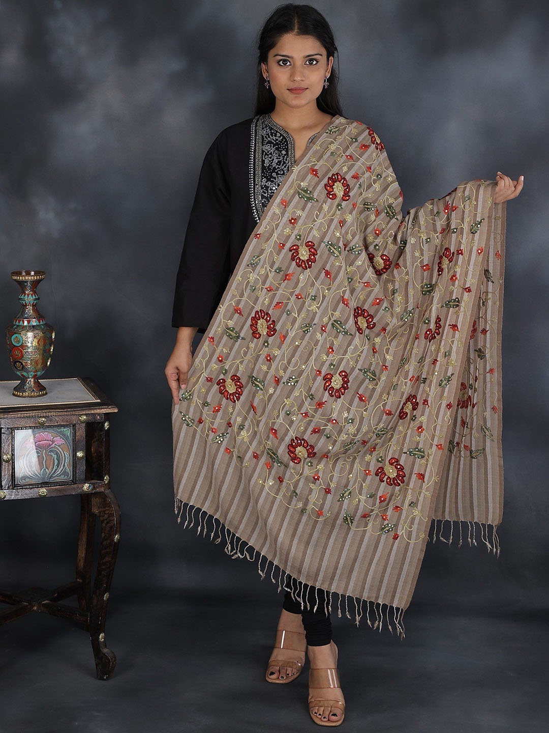 

Exotic India Fog Pure Wool Crewel Embroidered Stole with Crystals and Sequins, Beige