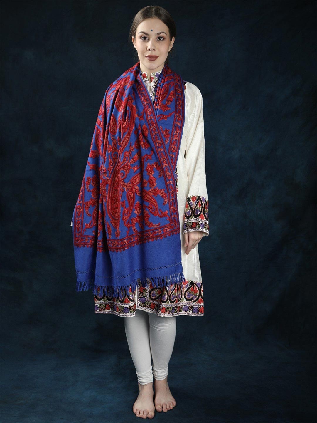 

Exotic India Dazzling Blue Pure Wool Paisleys Hand-Embroidered Kashmiri Stole