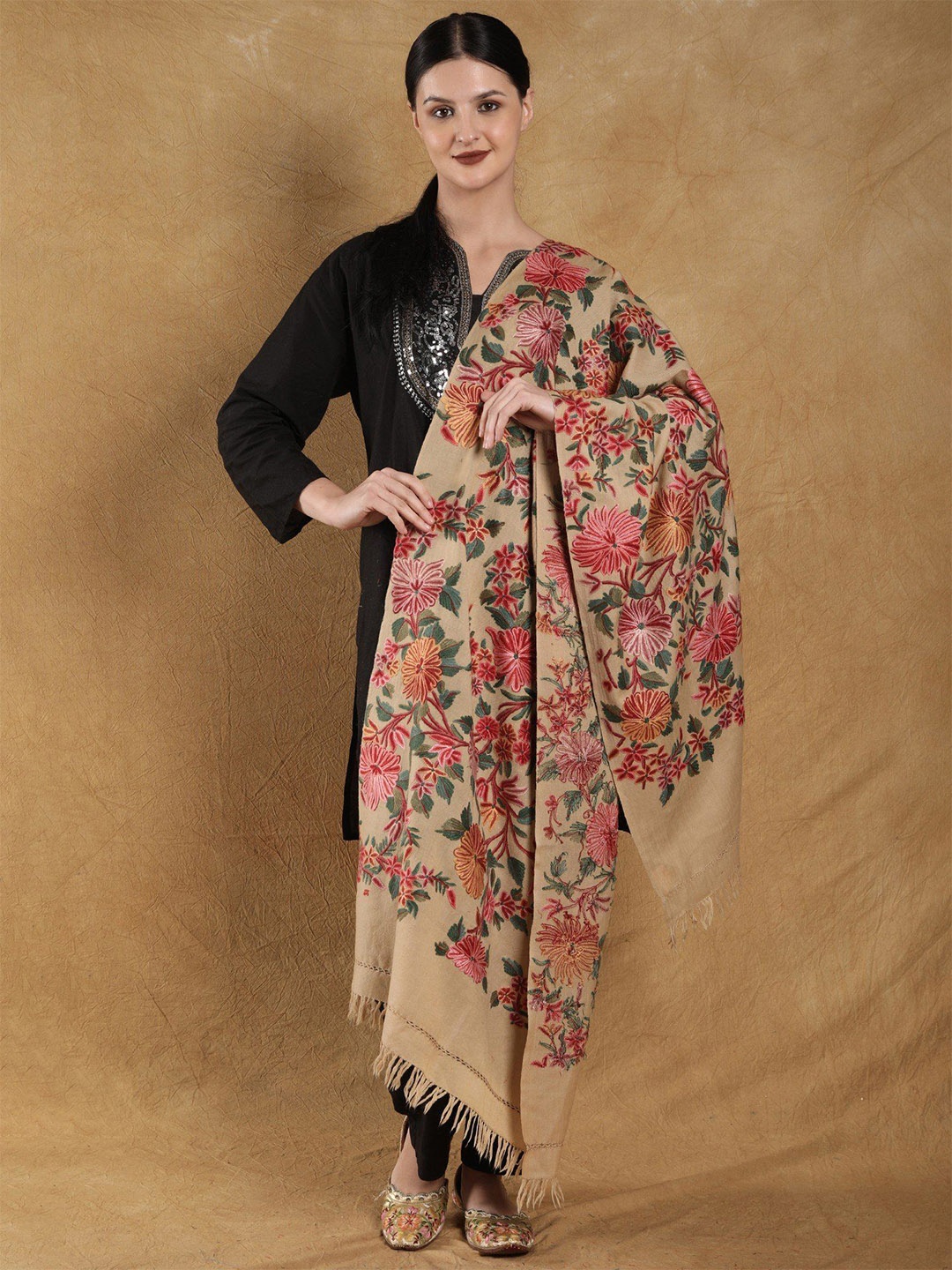 

Exotic India Sea Mist Pure Wool Floral Aari Hand Embroidered Kashmiri Stole, Beige