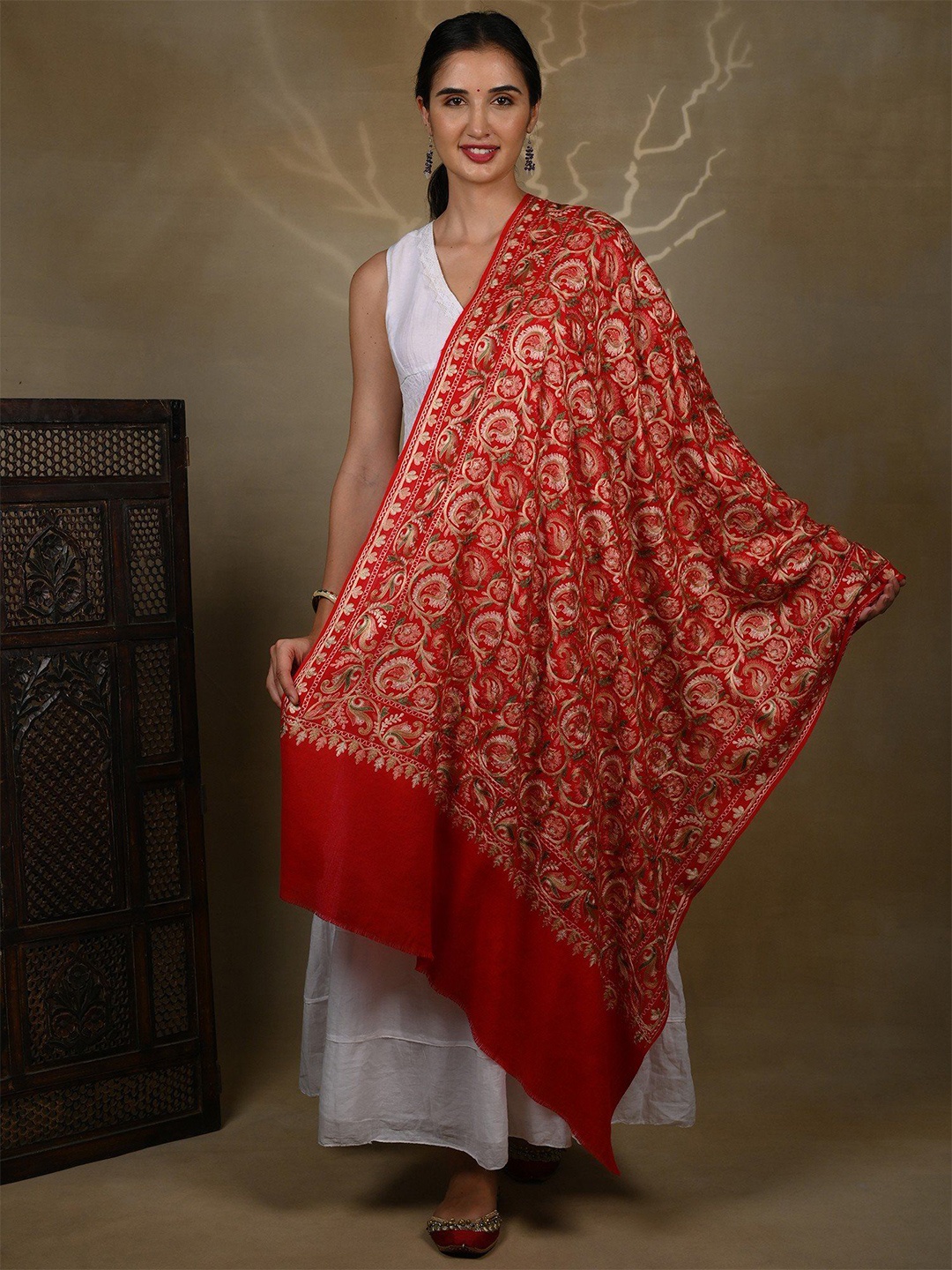 

Exotic India True Red All Over Multicolored Paisleys Threadwork Pure Wool Kashmiri Stole