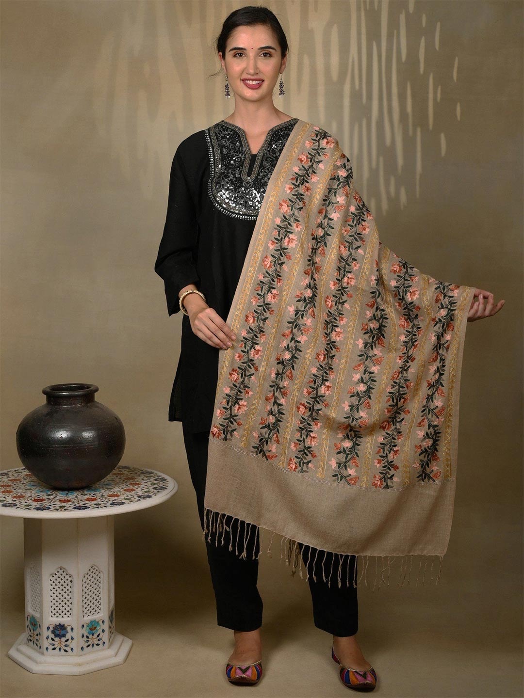 

Exotic India Kashmiri Stole with Sequins Floral Garland and Motif Multicolored Threadwork, Beige