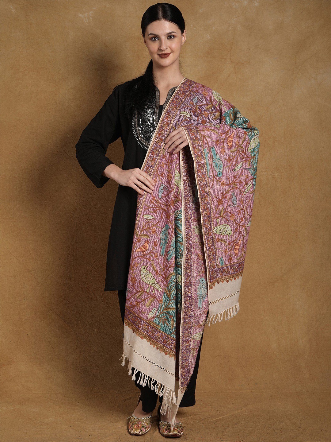 

Exotic India Snow-White Dense Aari Hand Embroidered Birds Pure Wool Stole, Purple