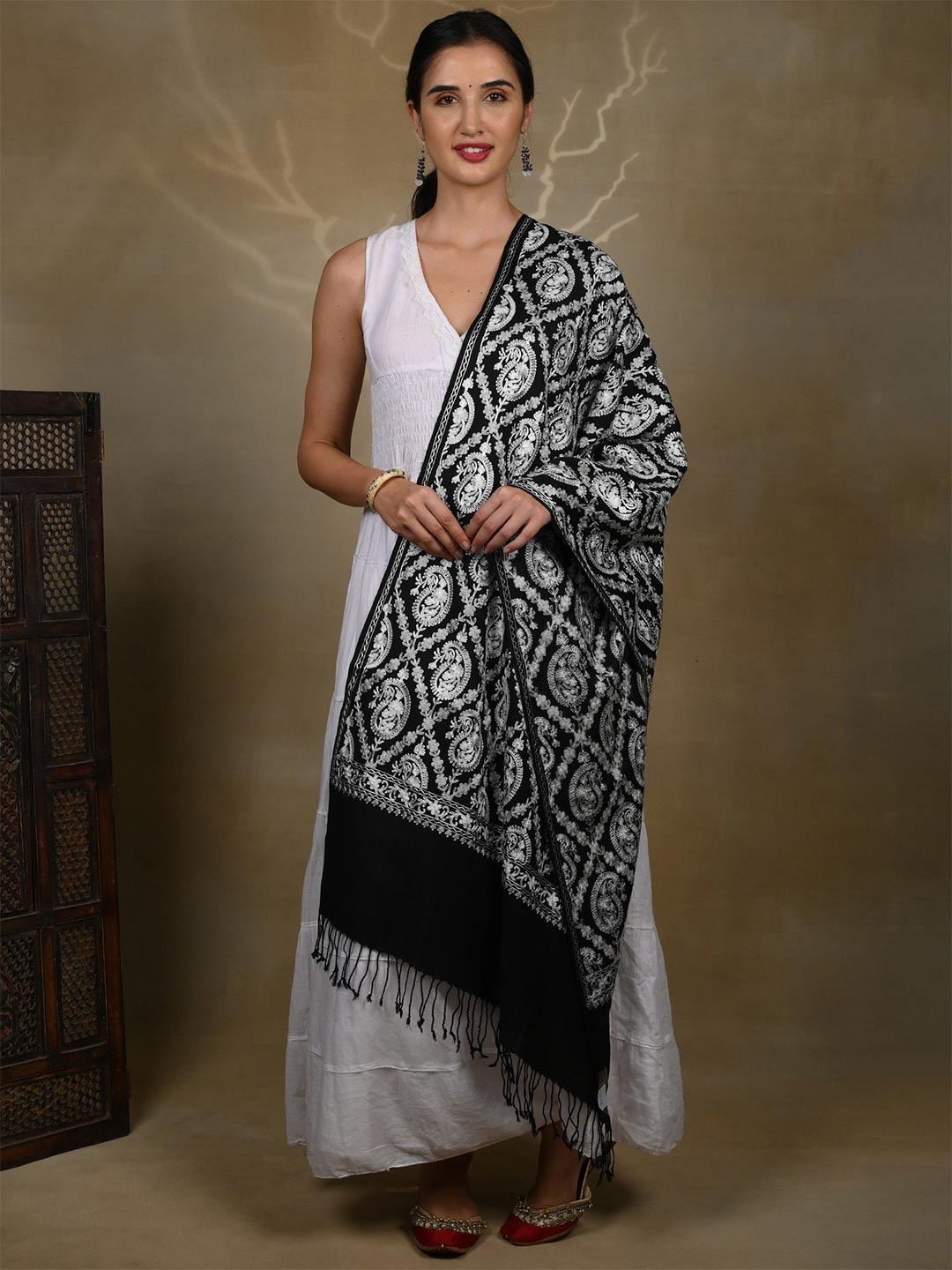 

Exotic India Pure Black Aari Thread Work Paisleys Pure Wool Kashmiri Stole