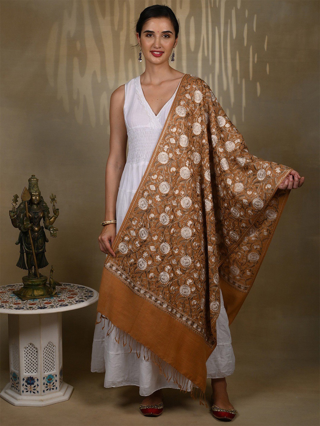 

Exotic India Wood Brown Pure Wool Aari Threadwork Sunflower Motif Kashmiri Stole