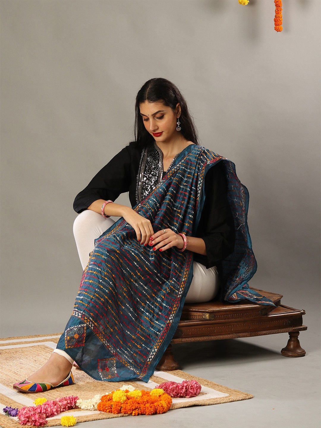 

Exotic India Deep Lagoon Cotton Semi Silk Multi-Color Kanta Work Floral Design Stole, Blue