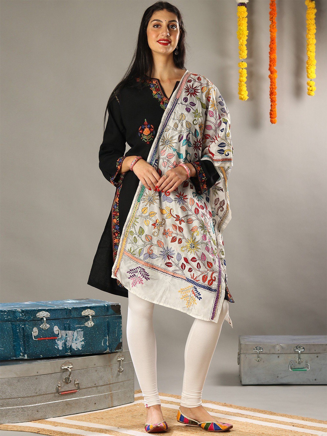 

Exotic India Ethnic Motifs Kantha Embroidered Cotton Silk Stole, White