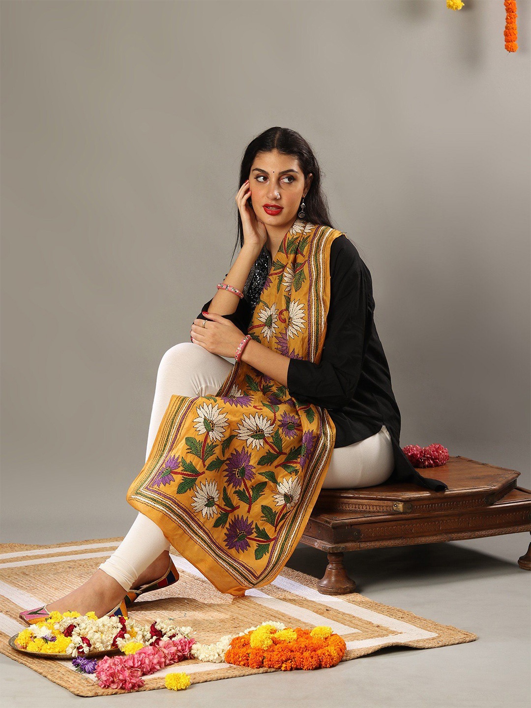 

Exotic India Women Embroidered Stole, Yellow