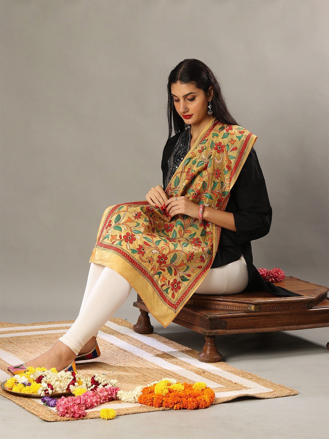 

Exotic India Yellow Ochre Cotton Semi Silk Multicolored Kantha Embroidered Stole