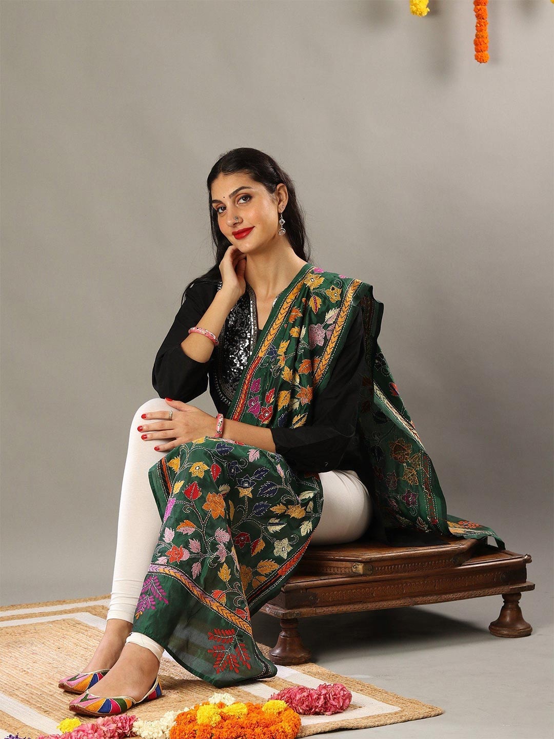 

Exotic India Floral Kantha Embroidered Cotton Silk Stole, Green
