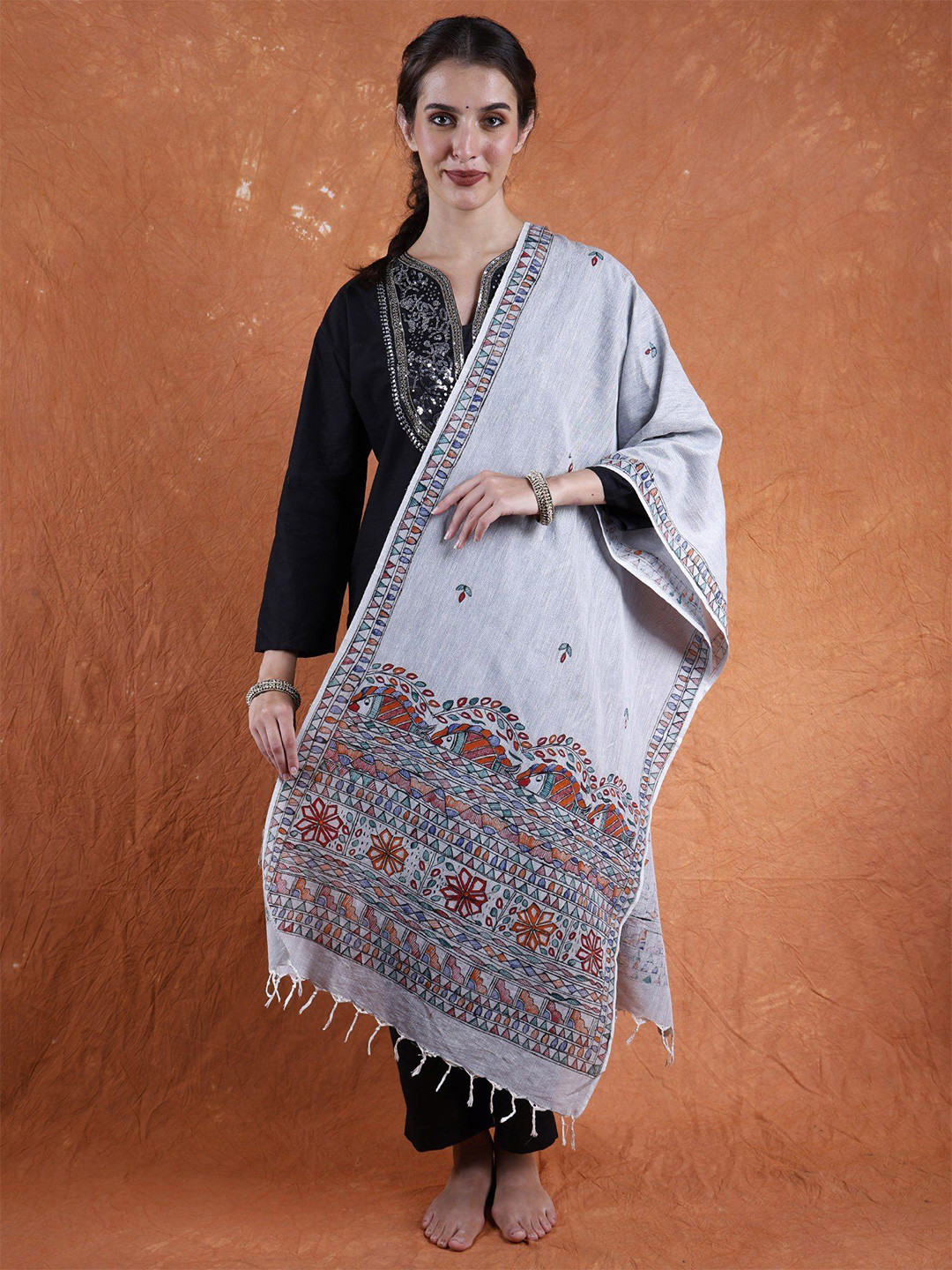 

Exotic India Oriole Hand Painted Madhubani Art Khadi Cotton Stole, Grey