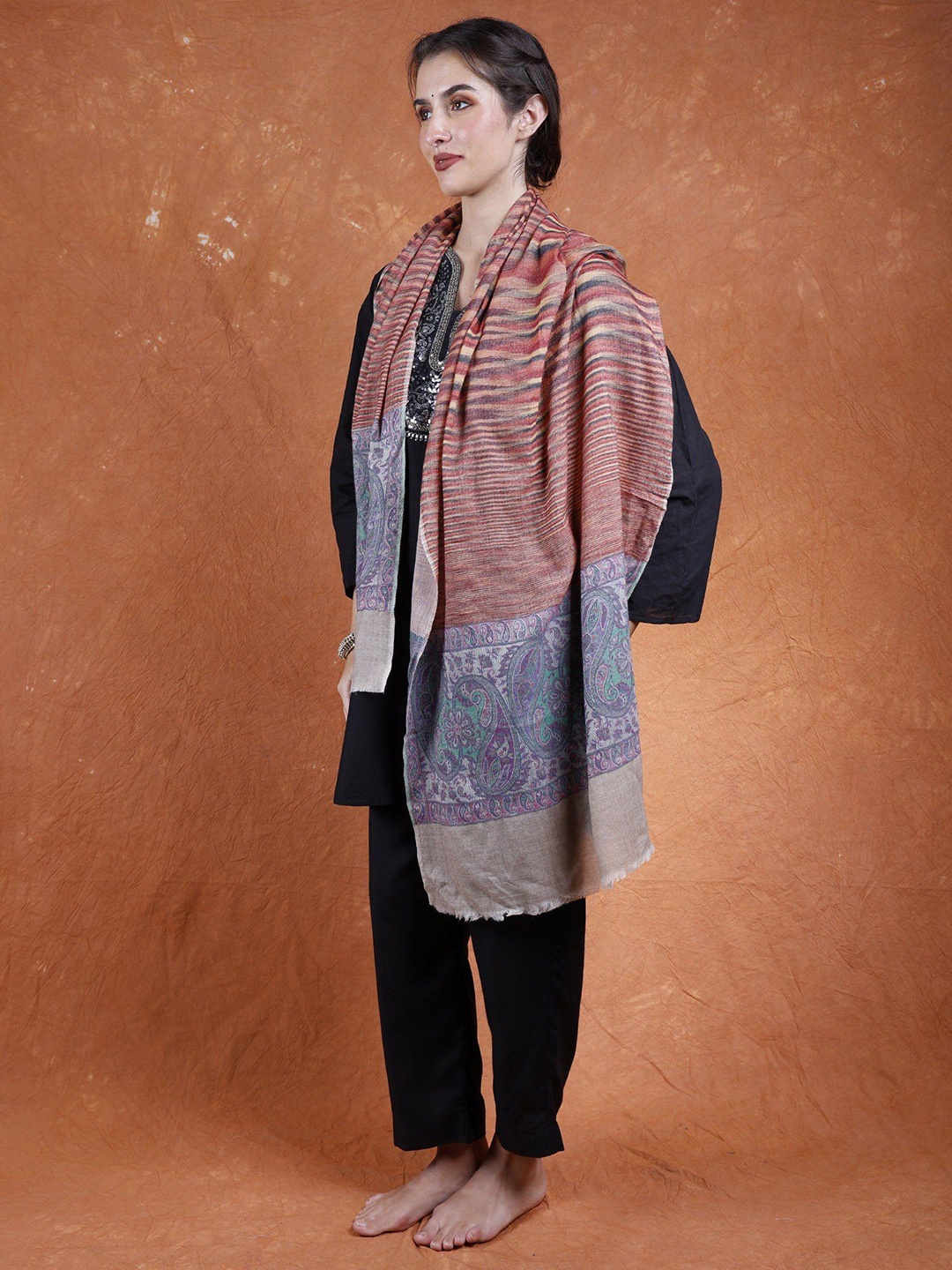 

Exotic India Rainbow Semi-Cashmere Paisley Border Stole, Brown
