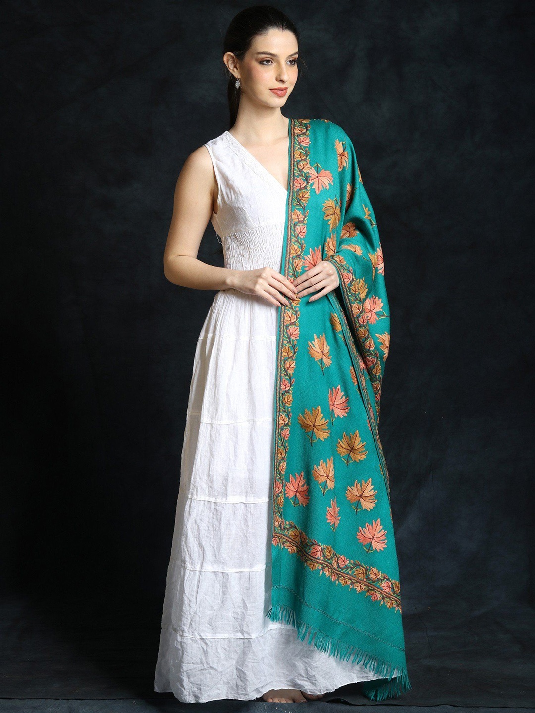 

Exotic India Tropical Green Maple Leaf Hand Aari Embroidered Pure Wool Kashmiri Stole