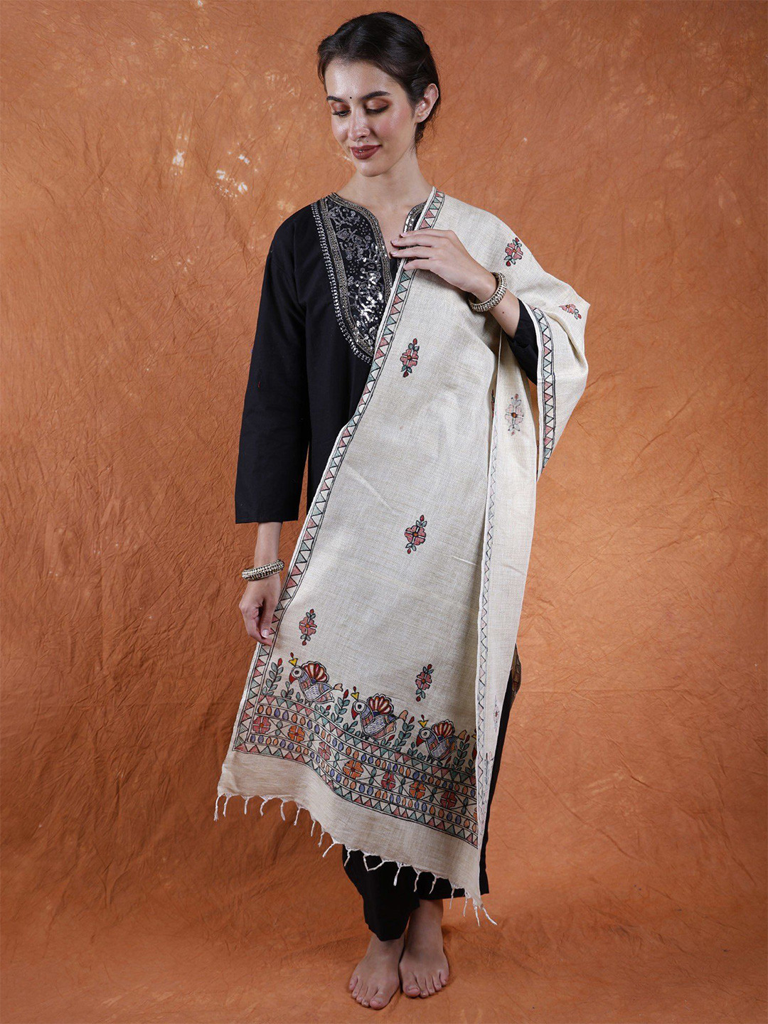 

Exotic India Women Printed Stole, Beige