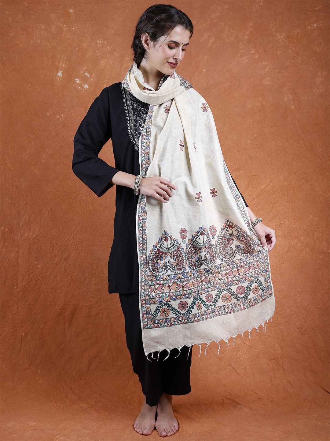 

Exotic India Ethnic Motifs Hand Painted Cotton Stole, Beige