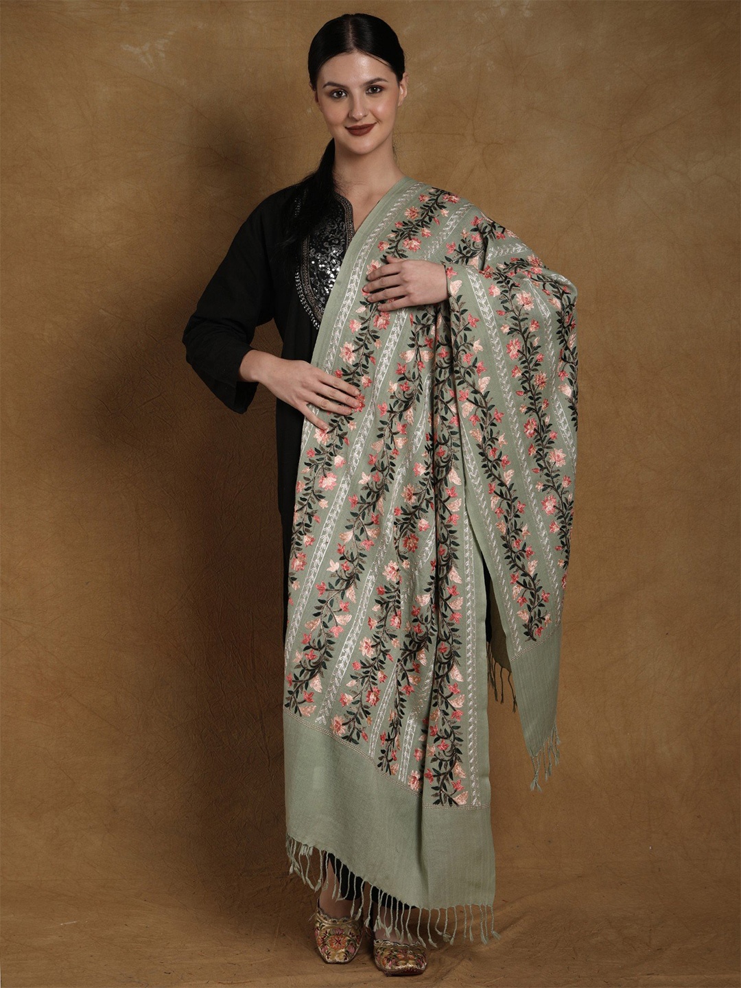 

Exotic India Kashmiri Stole with Sequins Floral Garland and Motif Multicolored Threadwork, Green