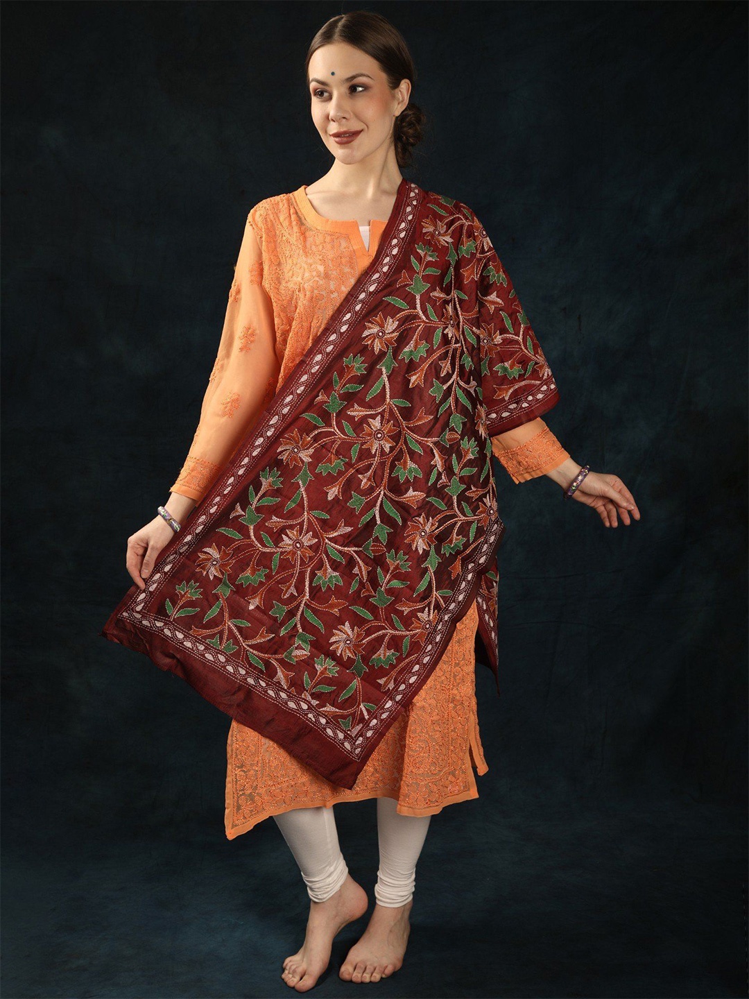 

Exotic India Floral Kantha Embroidered Silk Stole, Red
