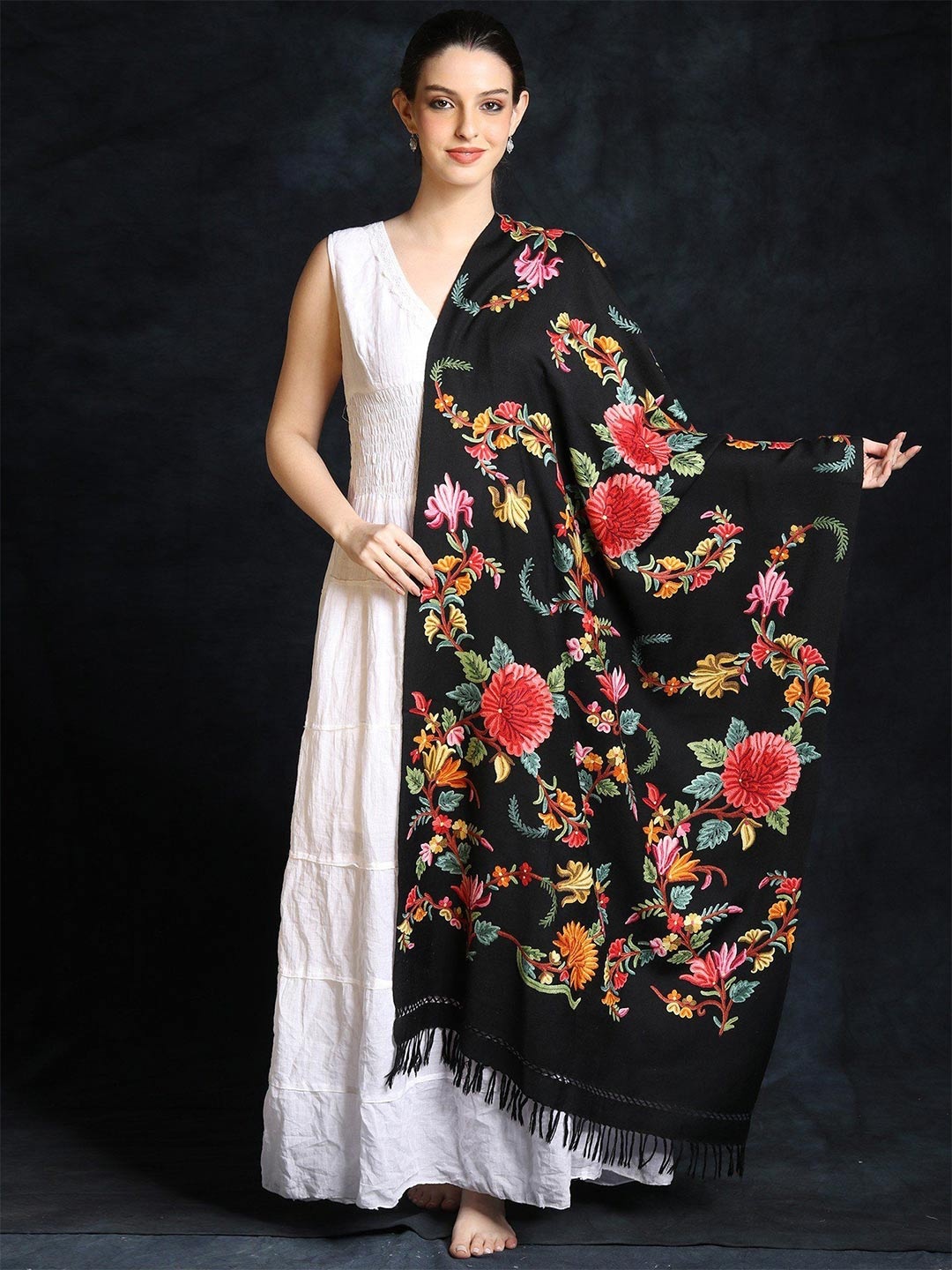 

Exotic India Moonless Night Floral Hand Aari Embroidered Pure Wool Kashmiri Stole, Black