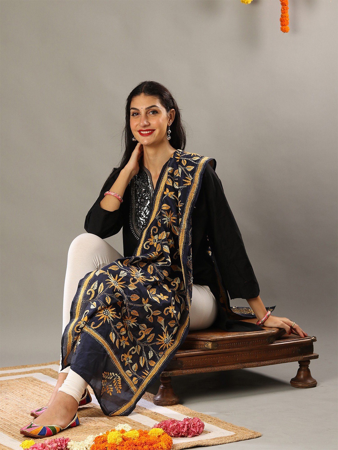 

Exotic India Women Embroidered Stole, Navy blue