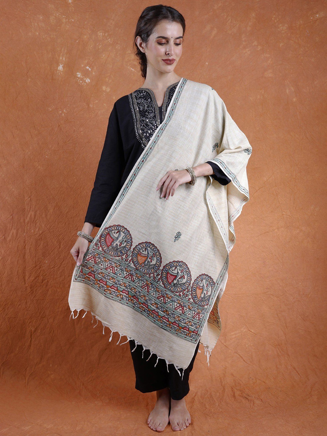 

Exotic India Bermuda Hand Painted Madhubani Art Khadi Cotton Stole, Beige
