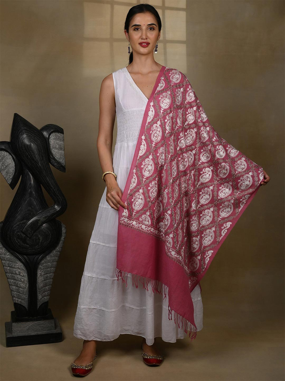 

Exotic India Mauve Pink Aari Thread Work Paisleys Pure Wool Kashmiri Stole