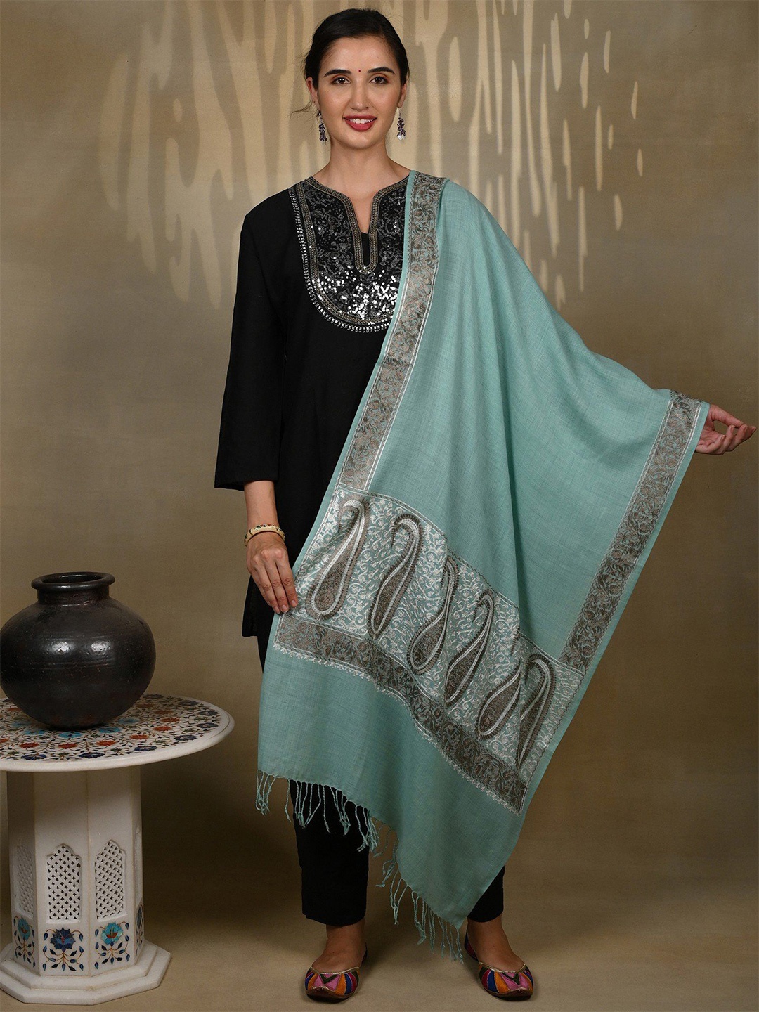 

Pure Wool Ocean Blue Kashmiri Stole with Paisley Palla and Border Metallic Aari Threadwork
